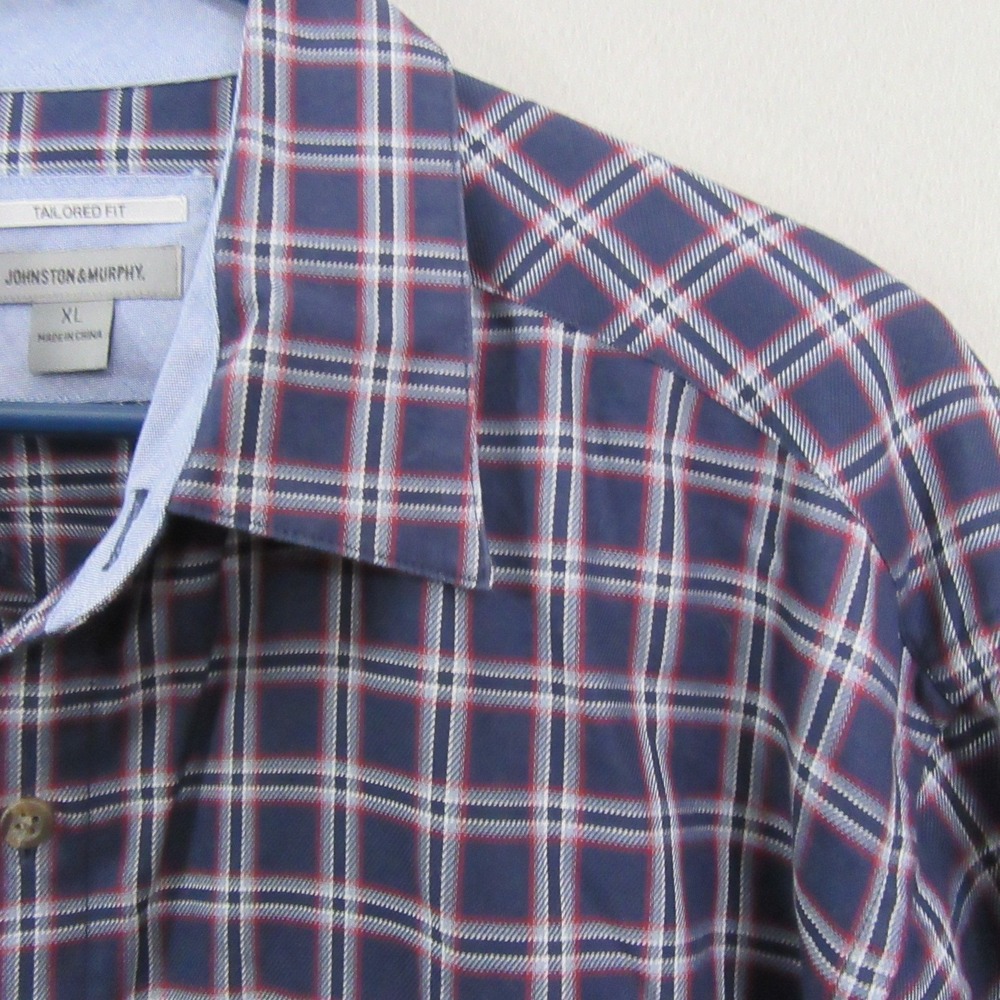 Johnston & Murphy Mens Button Up Shirt XL Tailored Fit Blue Plaid Windowpane